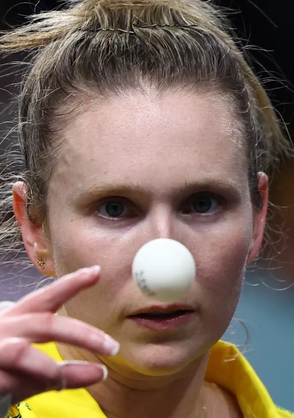 Paris 2024 Olympics - Table Tennis - Women's Singles Round of 64 - South Paris Arena 4, Paris, France - July 29, 2024. Melissa Tapper of Australia in action during her round of 64 match against Yubin Shin of South Korea. REUTERS/Stephanie Lecocq