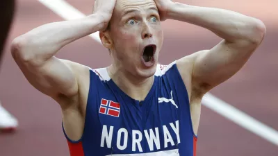 ﻿Tokyo 2020 Olympics - Athletics - Men's 400m Hurdles - Final - Olympic Stadium, Tokyo, Japan - August 3, 2021. Karsten Warholm of Norway reacts after realizing he had set a new world record. REUTERS/Phil Noble