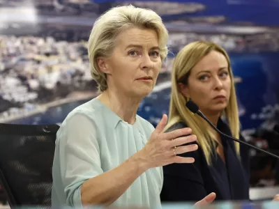 17 September 2023, Italy, Lampedusa: Italian Prime Minister Giorgia Meloni attends a press conference with Ursula von der Leyen (L), President of the European Commission, as part of their visit to the island of Lampedusa. Photo: Cecilia Fabiano/LaPresse via ZUMA Press/dpa