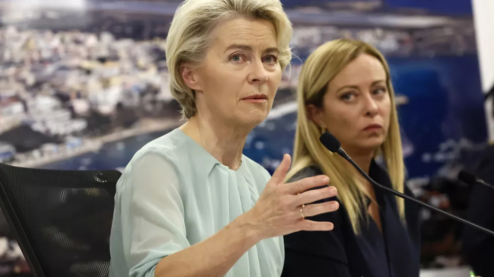 17 September 2023, Italy, Lampedusa: Italian Prime Minister Giorgia Meloni attends a press conference with Ursula von der Leyen (L), President of the European Commission, as part of their visit to the island of Lampedusa. Photo: Cecilia Fabiano/LaPresse via ZUMA Press/dpa