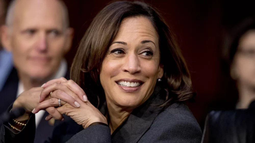 FILE - Democratic presidential candidate Sen. Kamala Harris, D-Calif., appears for a Senate Homeland Security Committee hearing on Capitol Hill in Washington, Nov. 5, 2019. Harris, the daughter of immigrants who rose through the California political and law enforcement ranks to become the first female vice president in U.S. history, is poised to secure the Democratic Party's presidential nomination Monday, Aug. 5, 2024. (AP Photo/Andrew Harnik, File)