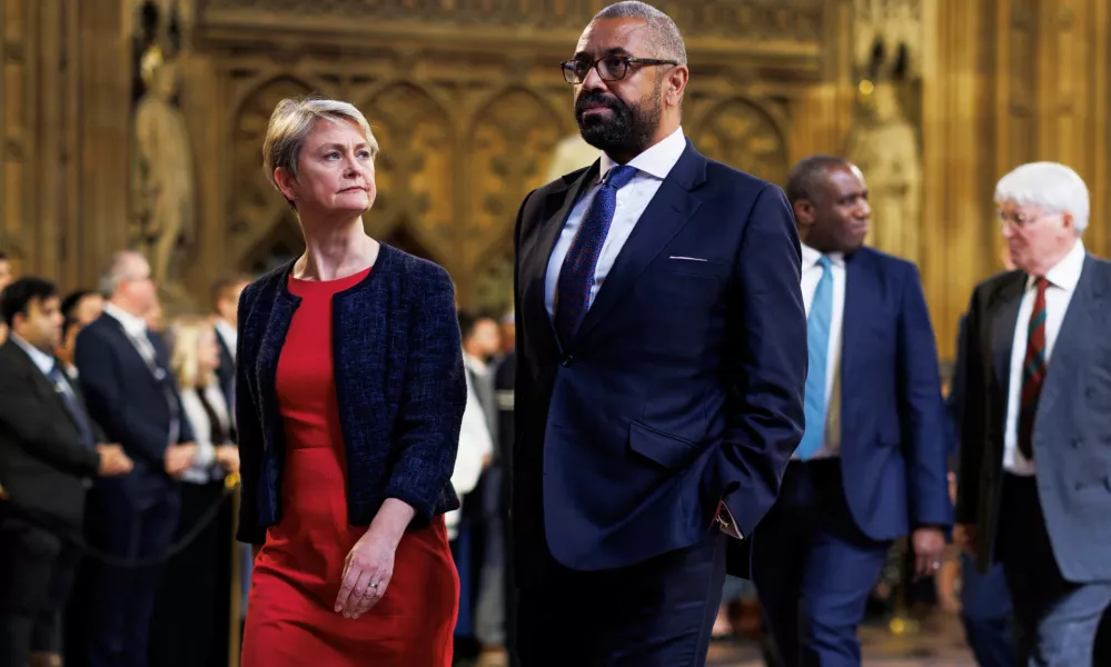 UK Home Secretary Yvette Cooper and James Cleverly walks through the Central Lobby at the Palace of Westminster on the day of the State Opening of Parliament on July 17, 2024 in London, Britain. Dan Kitwood/Pool via REUTERS