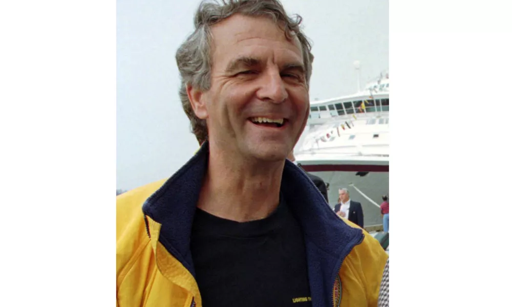 FILE - Commander Paul-Henri Nargeolet laughs at Black Falcon Pier in Boston on Sept. 1, 1996. (AP Photo/Jim Rogash, File)