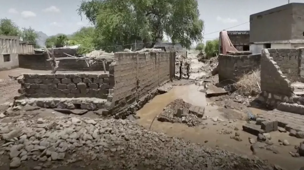 This image made from a video provided by the Ansar Allah Media Office, shows the southern city of Hodeidah, Yemen, where 30 people have been killed and hundreds displaced by flooding, on Wednesday, Aug. 7, 2024. (Ansar Allah Media Office via AP)