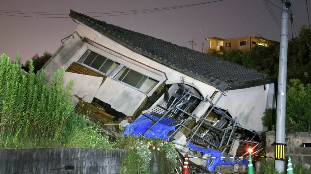 A collapsed house is seen following an earthquake in Osaki town, Kagoshima prefecture, southwestern Japan, August 8, 2024, in this photo taken by Kyodo. Mandatory credit Kyodo/via REUTERS ATTENTION EDITORS - THIS IMAGE HAS BEEN SUPPLIED BY A THIRD PARTY. MANDATORY CREDIT. JAPAN OUT. NO COMMERCIAL OR EDITORIAL SALES IN JAPAN.