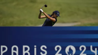 Pia Babnik, of Slovenia, plays off the 7th tee during the final round of the women's golf event at the 2024 Summer Olympics, Saturday, Aug. 10, 2024, at Le Golf National, in Saint-Quentin-en-Yvelines, France. (AP Photo/Matt York)