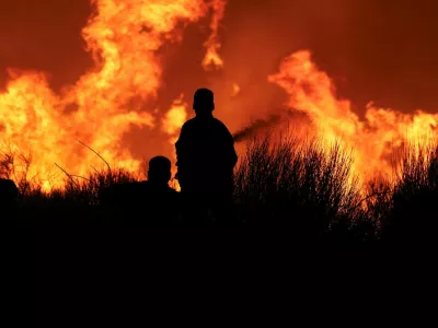 Firefighters try to extinguish a wildfire burning in Dionysos, Greece, August 12, 2024. REUTERS/Alexandros Avramidis