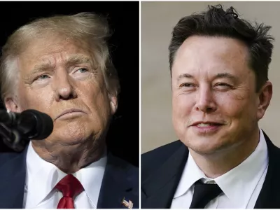 This combination of photos shows former President Donald Trump during rally in Minden, Nev., Oct. 8, 2022, left, and Elon Musk in Wilmington, Del., July 12, 2021. (AP Photo)