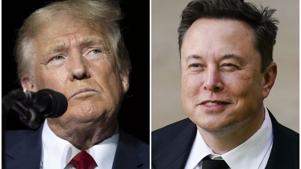 This combination of photos shows former President Donald Trump during rally in Minden, Nev., Oct. 8, 2022, left, and Elon Musk in Wilmington, Del., July 12, 2021. (AP Photo)