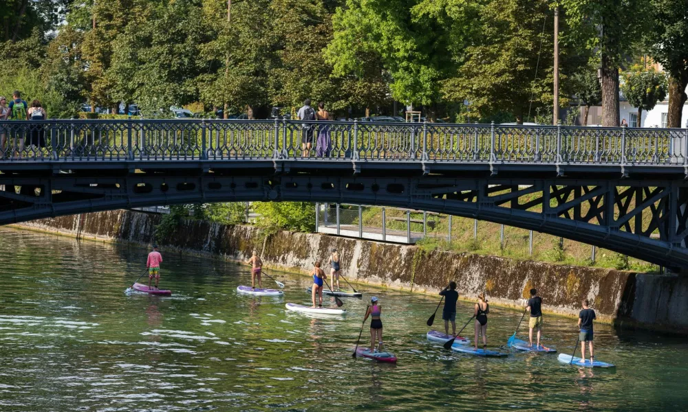 Ljubljana, Slovenia - August 13, 2021: Recreational Summer Stand Up Paddle boarding on river Ljubljanica - Slovenia / Foto: Robert Pavsic