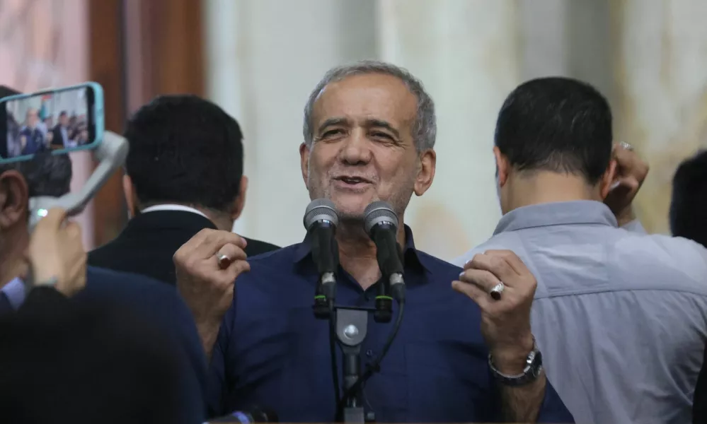 Iran's President-elect Masoud Pezeshkian speaks during a gathering with his supporters at the shrine of Iran's late leader Ayatollah Ruhollah Khomeini, in south of Tehran, Iran July 6, 2024. Majid Asgaripour/WANA (West Asia News Agency) via REUTERS ATTENTION EDITORS - THIS PICTURE WAS PROVIDED BY A THIRD PARTY