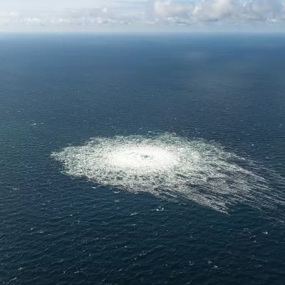 Gas leak at Nord Stream 2 as seen from the Danish F-16 interceptor on Bornholm, Denmark September 27, 2022. Danish Defence Command/Forsvaret Ritzau Scanpix/via REUTERS  ATTENTION EDITORS - THIS IMAGE WAS PROVIDED BY A THIRD PARTY. DENMARK OUT. NO COMMERCIAL OR EDITORIAL SALES IN DENMARK.