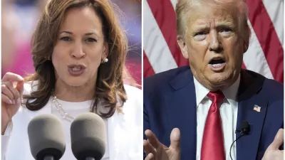 This combination of photos shows Vice President Kamala Harris, left, on Aug. 7, 2024 and Republican presidential candidate former President Donald Trump on July 31, 2024. (AP Photo/Charles Rex Arbogast)