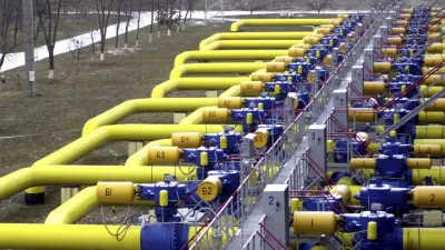 FILE - A set of pipes in a gas storage and transit point in Boyarka, just outside Kiev, Ukraine, Jan. 3, 2006. (AP Photo/Sergei Chuzavkov, File)