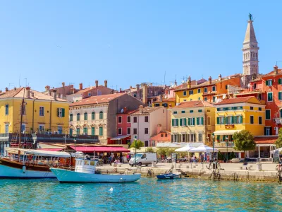 Colorful Rovinj in Istria with boats in the port, Croatia