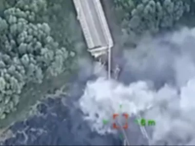 In this photo provided by the Ukrainian Defence Ministry Press Office, a strategically important bridge over the river Seym is destroyed by Ukrainian troops as they continue their incursion into the Kursk region, Russia, Friday, Aug. 16, 2024. The bridge was used by the Kremlin to supply its troops and its destruction could hamper their efforts. (Ukrainian Defence Ministry Press Office via AP)