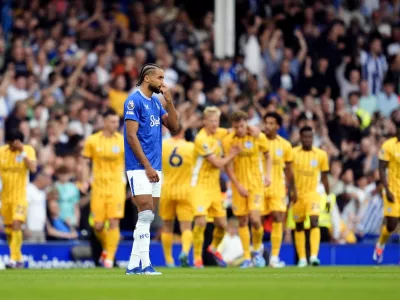 17 August 2024, United Kingdom, Liverpool: Everton's Dominic Calvert-Lewin reacts during the English Premier League soccer match between Everton and Brighton & Hove Albion at Goodison Park. Photo: Nick Potts/PA Wire/dpa