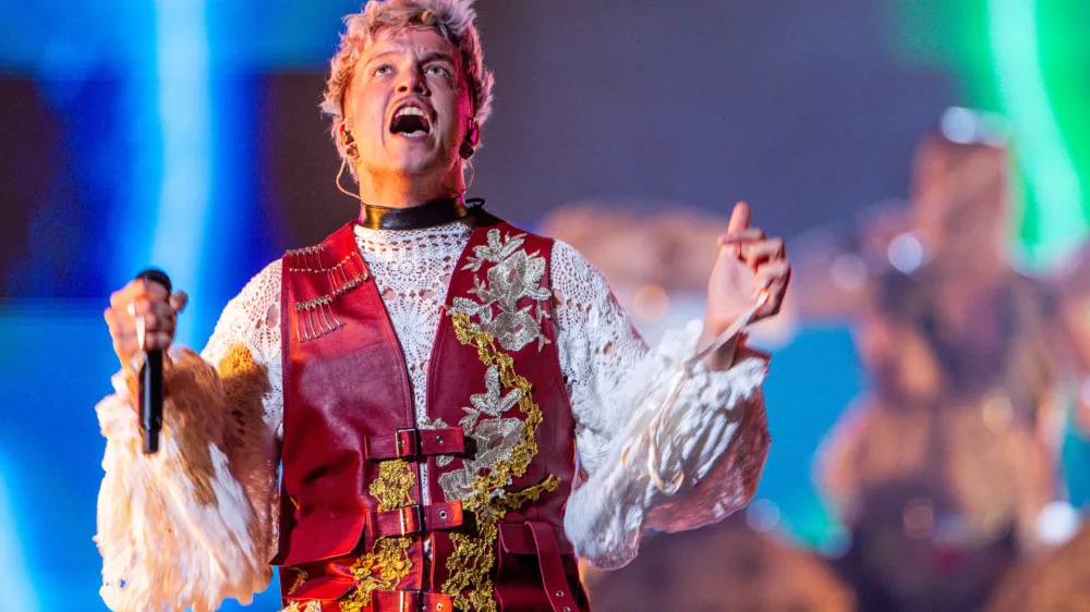 10 May 2024, Sweden, Malmo: Baby Lasagna from Croatia performs the song "Rim Tim Tagi Dim" during the first rehearsal for the final of the Eurovision Song Contest (ESC) 2024, in the Malmo Arena. The motto of the world's biggest singing competition is "United By Music". Photo: Jens Büttner/dpa