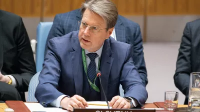 Slovenia's representative to the Security Council Samuel Zbogar speaks as the United Nations Security Council meets publicly to discuss the Israel-Hamas conflict 