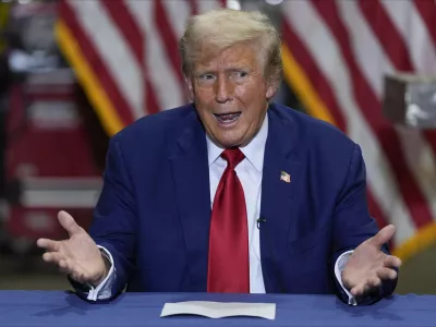 Republican presidential nominee former President Donald Trump speaks at a business roundtable discussion at a campaign event at Precision Components Group, Monday, Aug. 19, 2024, in York, Pa. (AP Photo/Julia Nikhinson)