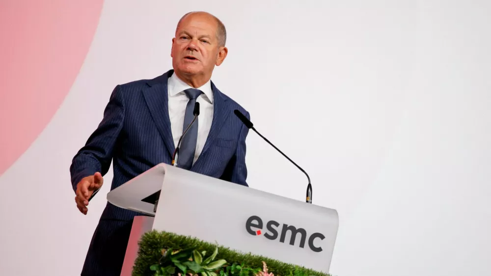 German Chancellor Olaf Scholz speaks during the ceremony for Taiwanese chip maker TSMC's first European plant in the eastern city of Dresden, Germany, August 20, 2024. REUTERS/Axel Schmidt