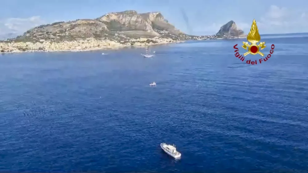 This picture taken from a video released by the Italian Firefighters on Monday, Aug. 19, 2024, shows the stretch of Sea near Palermo, Sicily, in southern Italy, where the sailing yacht Bayesian under the UK flag sank early Monday. (Vigili del Fuoco via AP, HO)