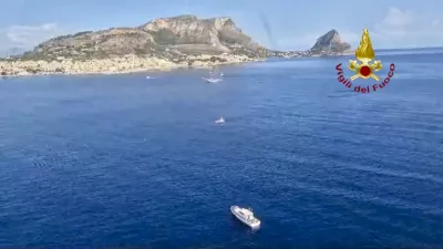 This picture taken from a video released by the Italian Firefighters on Monday, Aug. 19, 2024, shows the stretch of Sea near Palermo, Sicily, in southern Italy, where the sailing yacht Bayesian under the UK flag sank early Monday. (Vigili del Fuoco via AP, HO)