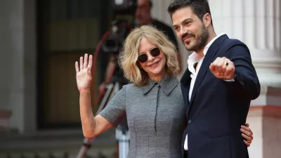 American actor Meg Ryan poses with director of the Sarajevo Film Festival Jovan Marjanovic at the Sarajevo Film Festival, in Sarajevo, Bosnia and Herzegovina, August 20, 2024. REUTERS/Amel Emric