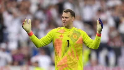 FILE - Germany's goalkeeper Manuel Neuer reacts during a quarter final match between Germany and Spain at the Euro 2024 soccer tournament in Stuttgart, Germany, Friday, July 5, 2024. (AP Photo/Matthias Schrader, File)