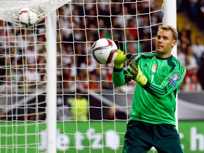 FILE PHOTO: Germany's goalkeeper Manuel Neuer reacts during their Euro 2016 qualification match against Poland in Frankfurt, Germany, September 4, 2015.   REUTERS/Ina Fassbender/File Photo