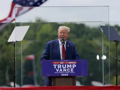 Republican presidential nominee former President Donald Trump speaks during a campaign rally at North Carolina Aviation Museum, Wednesday, Aug. 21, 2024, in Asheboro, N.C. (AP Photo/Julia Nikhinson)