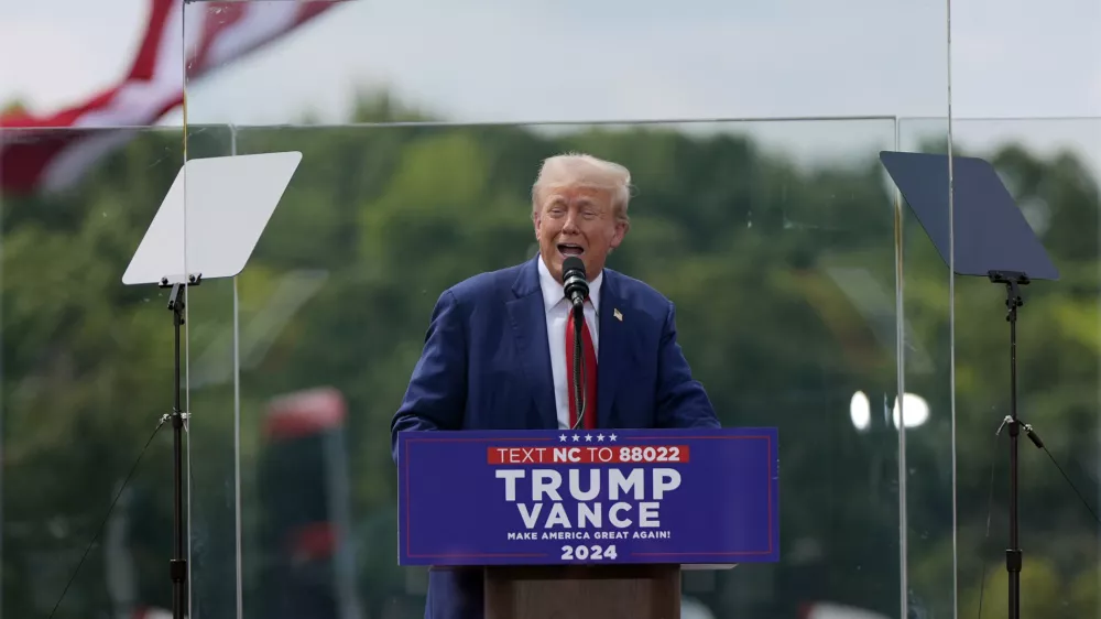 Republican presidential nominee former President Donald Trump speaks during a campaign rally at North Carolina Aviation Museum, Wednesday, Aug. 21, 2024, in Asheboro, N.C. (AP Photo/Julia Nikhinson)