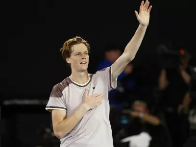 Tennis - Australian Open - Melbourne Park, Melbourne, Australia - January 28, 2024 Italy's Jannik Sinner celebrates winning the final against Russia's Daniil Medvedev REUTERS/Ciro De Luca