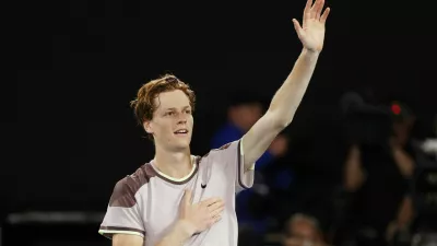 Tennis - Australian Open - Melbourne Park, Melbourne, Australia - January 28, 2024 Italy's Jannik Sinner celebrates winning the final against Russia's Daniil Medvedev REUTERS/Ciro De Luca