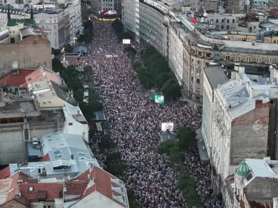 A drone view shows Serbians gathered to protest mining group Rio Tinto's plans to open a lithium mine, in Belgrade, Serbia August 10, 2024. REUTERS/Fedja Grulovic