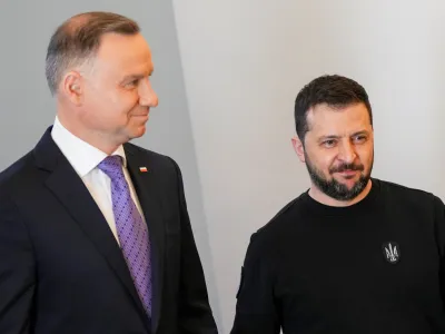 Ukrainian President Volodymyr Zelenskiy meets with Poland's President Andrzej Duda at the Presidential Palace in Warsaw, Poland, April 5, 2023. REUTERS/Aleksandra Szmigiel