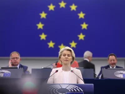 Ursula von der Leyen addresses lawmakers before a vote to choose the next President of the European Commission, at the European Parliament in Strasbourg, France, July 18, 2024. REUTERS/Johanna Geron