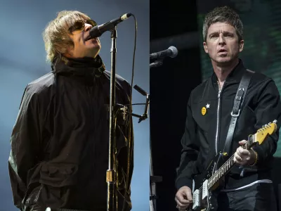 Liam Gallagher performs at the Reading Music Festival, England on Aug. 29, 2021, left, and Noel Gallagher performs at the Glastonbury Festival in Worthy Farm, Somerset, England, on June 25, 2022. (AP Photo)