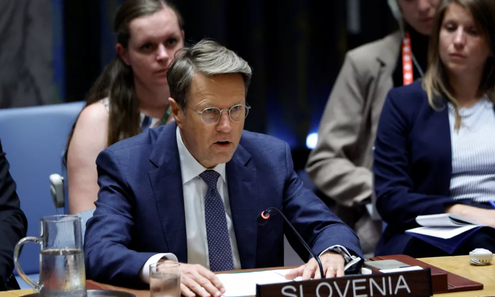 Slovenia's representative to the Security Council Samuel Zbogar speaks as the United Nations Security Council meets publicly to discuss the Israel-Hamas conflict in Gaza, at the U.N. headquarters in New York City, U.S., August 13, 2024. REUTERS/Eduardo Munoz