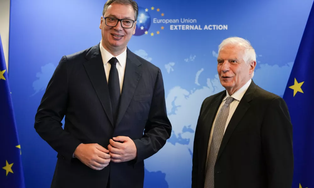 European Union foreign policy chief Josep Borrell, right, poses with Serbia's President Aleksander Vucic prior to talks on Serbia-Kosovo in Brussels, Wednesday, June 26, 2024. (AP Photo/Virginia Mayo)