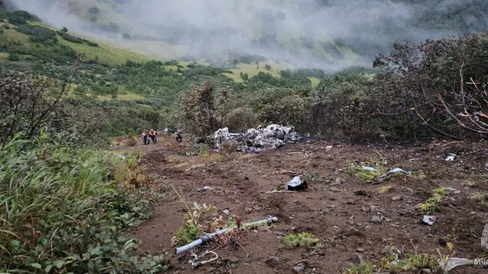 A view shows the crash site of a Russian Mi-8T helicopter in the far eastern peninsula of Kamchatka, Russia, in this handout image published September 1, 2024. Russian Emergencies Ministry/Handout via REUTERS ATTENTION EDITORS - THIS IMAGE HAS BEEN SUPPLIED BY A THIRD PARTY. NO RESALES. NO ARCHIVES. MANDATORY CREDIT. WATERMARK FROM SOURCE.