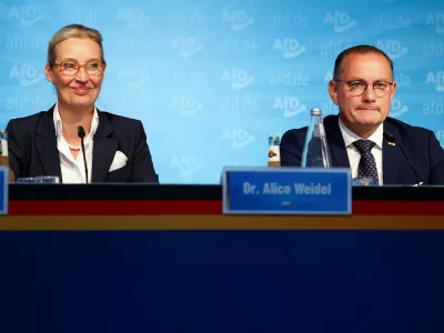 Germany's Alternative for Germany (AfD) party co-leaders Alice Weidel and Tino Chrupalla hold a press conference after state elections in Saxony and Thuringia, in Berlin, Germany September 2, 2024. REUTERS/Lisi Niesner