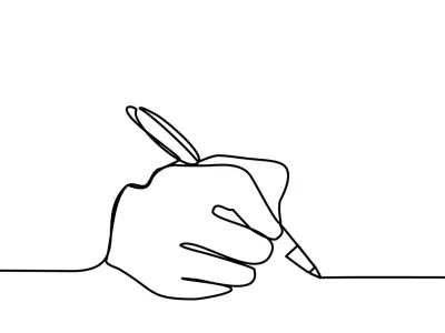 Hand with Pen a Person writes on paper Record Write a Letter sign an agreement Contract Continuous Line drawing black on white isolated vector trendy illustration / Foto: Yulya Bortulyova