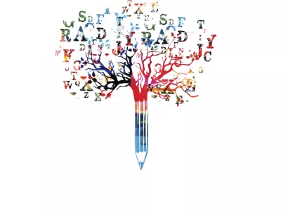 Colorful pencil tree vector illustration with font letters. Typeset design for news, creative writing, storytelling, blogging, education, book cover, article and website content writing, copywriting / Foto: Proksima