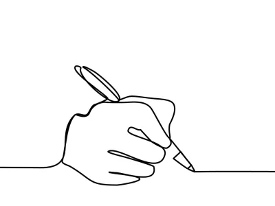 Hand with Pen a Person writes on paper Record Write a Letter sign an agreement Contract Continuous Line drawing black on white isolated vector trendy illustration / Foto: Yulya Bortulyova