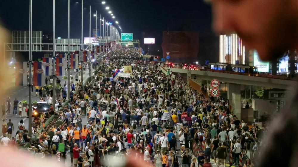 People block a highway during a protest against Rio Tinto's lithium mining project, in Belgrade, Serbia, August 10, 2024. REUTERS/Zorana Jevtic