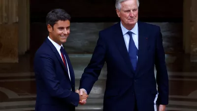 Outgoing France's Prime Minister Gabriel Attal and newly appointed Prime Minister Michel Barnier arrive for the handover ceremony at the Hotel Matignon in Paris, France, September 5, 2024. REUTERS/Sarah Meyssonnier/Pool