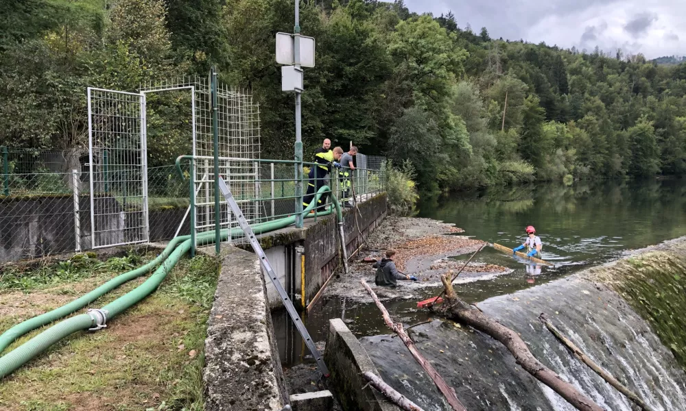 Gasilci so danes čistili Savo ob Cajhnovem jezu.  Foto: Eva Branc