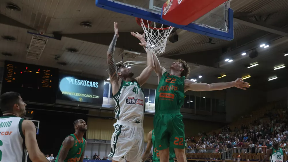 Košarkarji Cedevite Olimpije (v zelenem Žiga Daneu) so bili za las prekratki proti Panathinaikosu. Foto: Bojan Velikonja