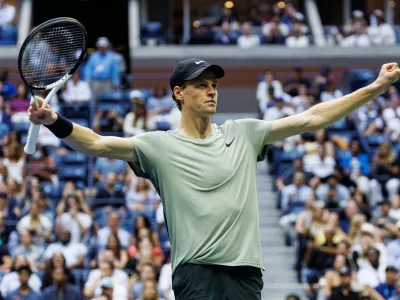 Sep 6, 2024; Flushing, NY, USA; Jannik Sinner of Italy in action against Jack Draper of Great Britain on day twelve of the U.S. Open tennis tournament at the USTA Billie Jean King National Tennis Center. Mandatory Credit: Mike Frey-Imagn Images